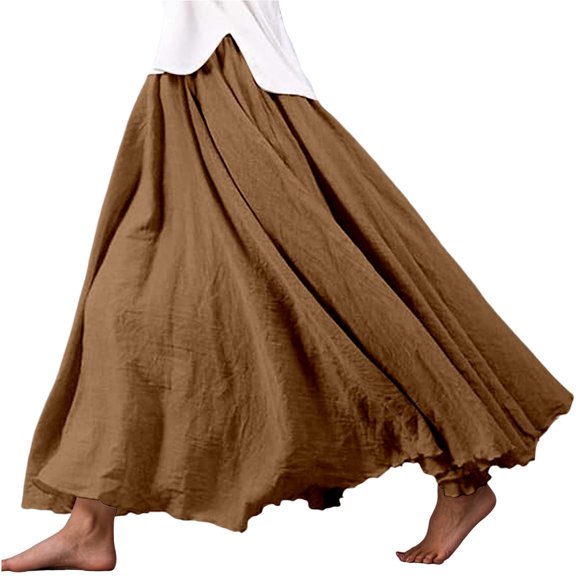 MIXUE Skirts For Women Summer Solid Color Elastic High Waist A Line Casual Boho Maxi Skirt Workwear,Brown,M