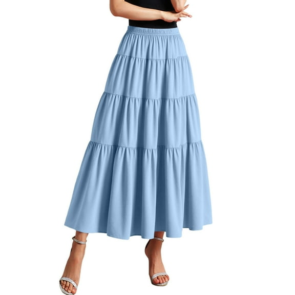 MIXUE Skirts For Women Summer Solid Color Elastic High Waist A Line Casual Maxi Skirt Beachwear,Blue,One Size