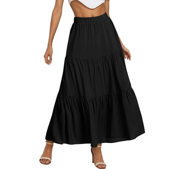 MIXUE Skirts For Women Summer Solid Color Elastic High Waist A Line Casual Maxi Skirt Daily-Wear,Black,XL