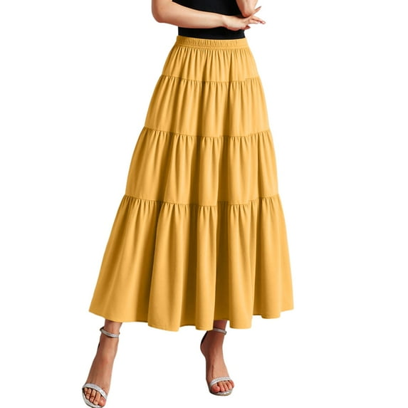 MIXUE Skirts For Women Summer Solid Color Elastic High Waist A Line Casual Maxi Skirt Outwear,Yellow,One Size