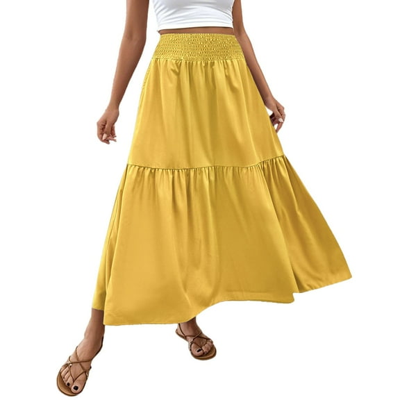 MIXUE Skirts For Women Summer Solid Color Elastic High Waist A Line Elegant Maxi Skirt Activewear,Yellow,S