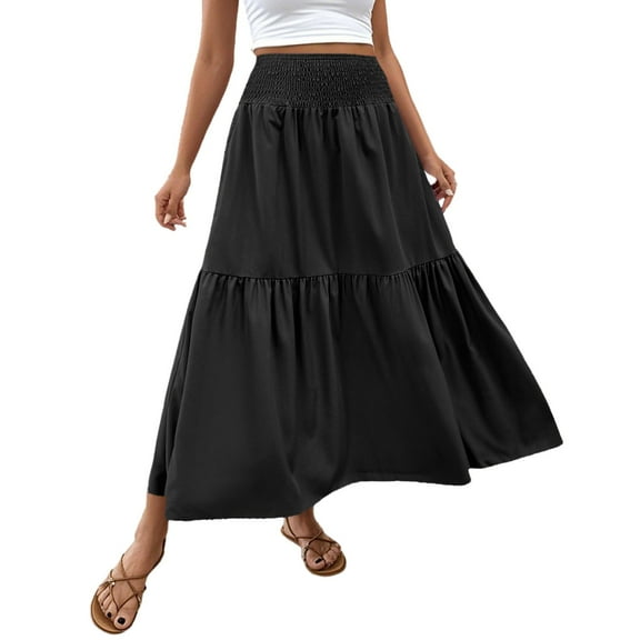 MIXUE Skirts For Women Summer Solid Color Elastic High Waist A Line Elegant Maxi Skirt Holiday-Wear,Black,XL