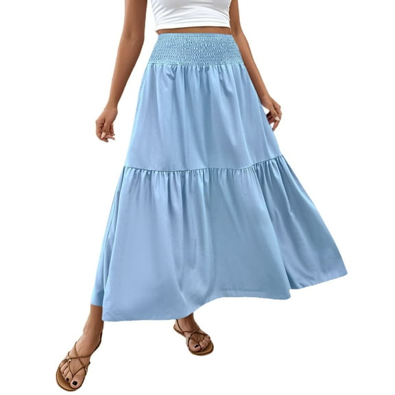 MIXUE Skirts For Women Summer Solid Color Elastic High Waist A Line Elegant Maxi Skirt Outwear,Blue,L