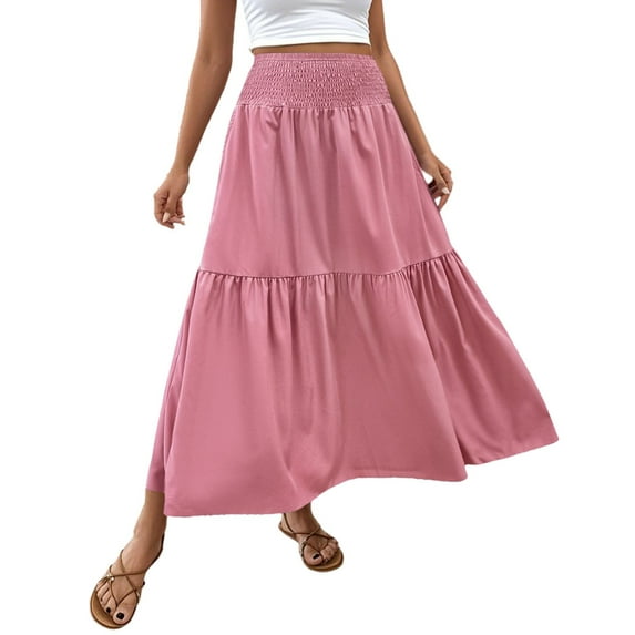 MIXUE Skirts For Women Summer Solid Color Elastic High Waist A Line Elegant Maxi Skirt Sportswear,Pink,XL