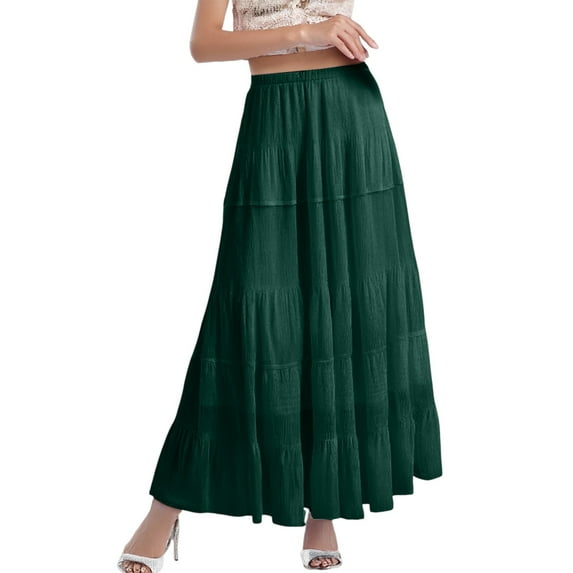 MIXUE Skirts For Women Summer Solid Color Elastic High Waist A Line Pleated Boho Maxi Skirt Outwear,Green,L