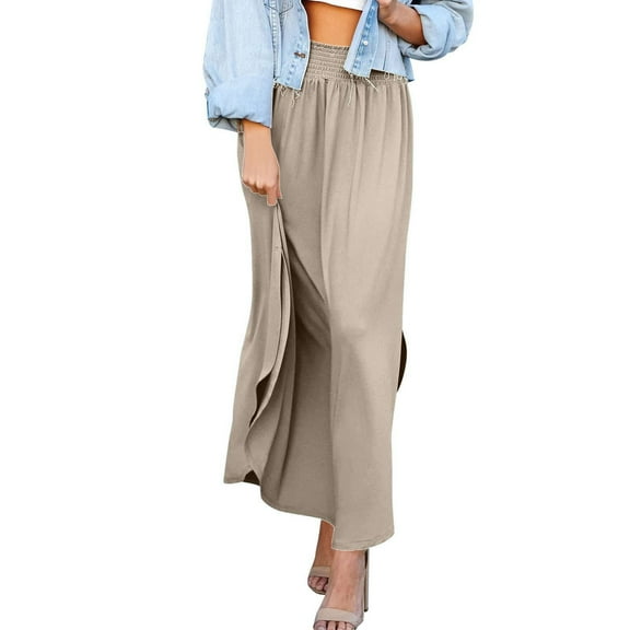 MIXUE Skirts For Women Summer Solid Color Elastic High Waist Dance A Line Split Pocket Maxi Skirt Outwear,Beige,XXXL