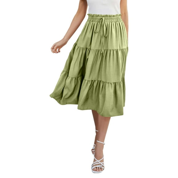 MIXUE Skirts For Women Summer Solid Color Elastic High Waist Drawstring A Line Elegant Casual Skirt Holiday-Wear,Green,XL