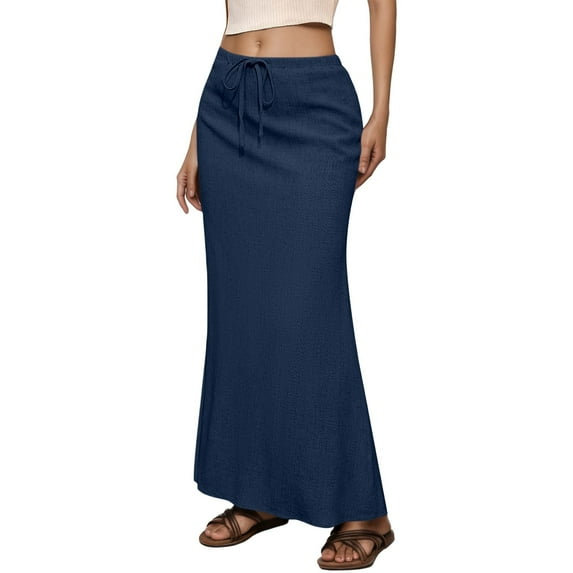 MIXUE Skirts For Women Summer Solid Color Elastic High Waist Drawstring Casual Bodycon Midi Maxi Skirt Streetwear,Blue,XXL