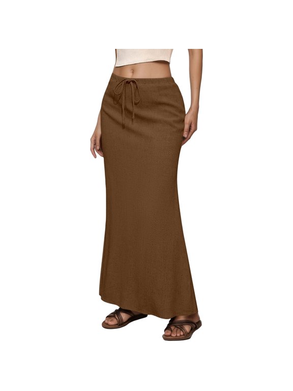 Skirts For Women Summer Solid Color Elastic High Waist Drawstring Casual Bodycon Midi Maxi Skirt Streetwear,Brown,S