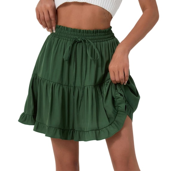 MIXUE Skirts For Women Summer Solid Color Elastic High Waist Drawstring Pleated Ruffle A Line Mini Tennis Skirt Streetwear,Green,L