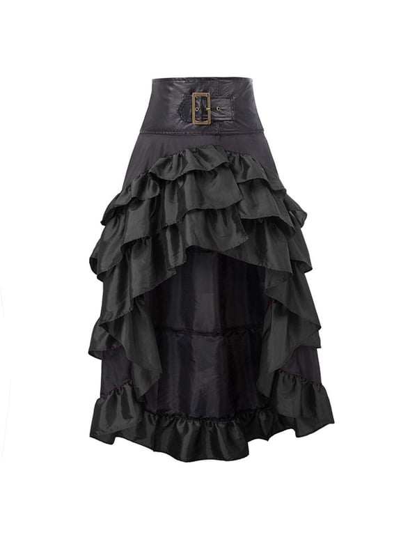 Skirts For Women Summer Solid Color Elastic High Waist Retro Ruffled Patchwork Cake Maxi Skirt Activewear,Black,L