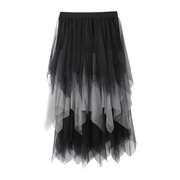 MIXUE Skirts For Women Summer Solid Color Elastic High Waist Ruffled A Line Wedding Tutu Maxi Skirt Beachwear,Black,L