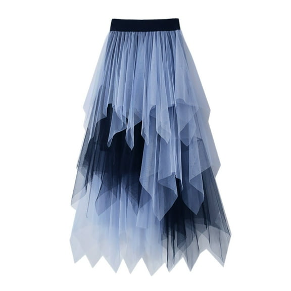 MIXUE Skirts For Women Summer Solid Color Elastic High Waist Ruffled A Line Wedding Tutu Maxi Skirt Daily-Wear,Blue,S