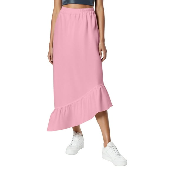 MIXUE Skirts For Women Summer Solid Color Elastic High Waist Ruffled Fashion Elegant Maxi Skirt Holiday Wear,Pink,XXL