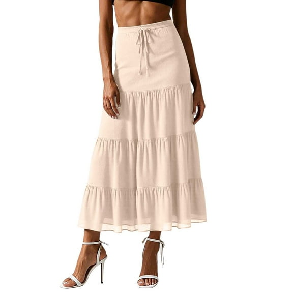 MIXUE Skirts For Women Summer Solid Color Elastic High Waist Swing Loose Splicing Maxi Skirt Streetwear,Beige,L