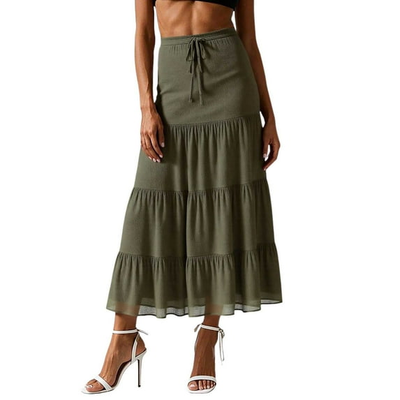 MIXUE Skirts For Women Summer Solid Color Elastic High Waist Swing Loose Splicing Maxi Skirt Streetwear,Green,L