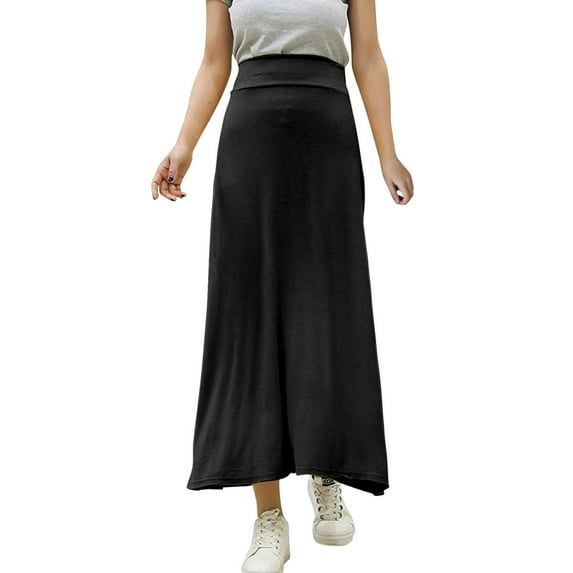MIXUE Skirts For Women Summer Solid Color Elastic Waist A Line Maxi Skirt Holiday Wear,Black,L