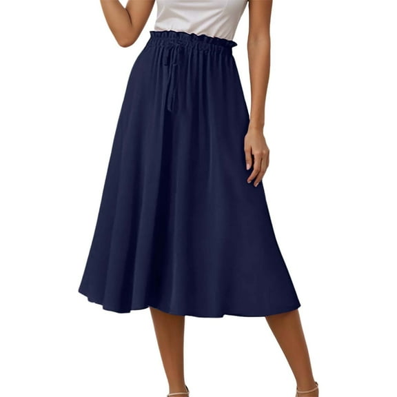 MIXUE Skirts For Women Summer Solid Color Elastic Waist Drawstring A Line Causal Midi Pockets Skirt Streetwear,Blue,L