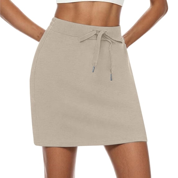 MIXUE Skirts For Women Summer Solid Color Elastic Waist Drawstring Pockets Mini Tennis Skirt Holiday Wear,Beige,L