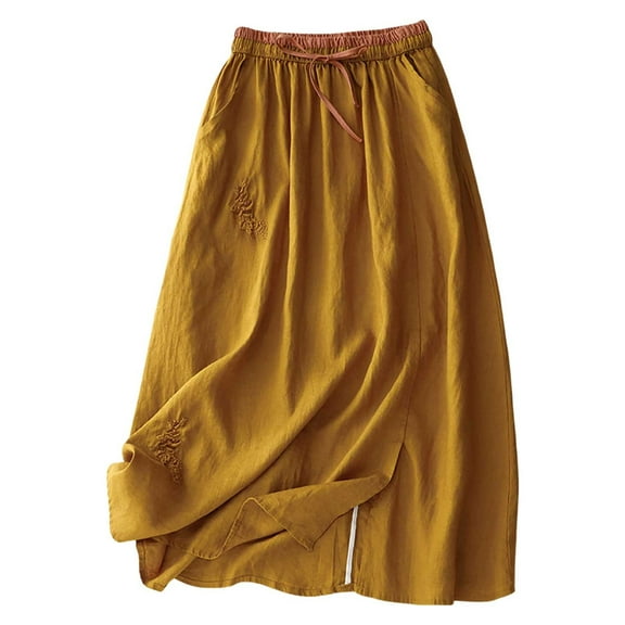 MIXUE Skirts For Women Summer Solid Color Floral Embroidery A Line Casual Party Comfortable Fashion Maxi Skirt Beachwear,Yellow,M