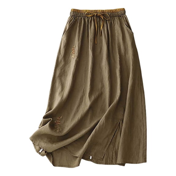 MIXUE Skirts For Women Summer Solid Color Floral Embroidery A Line Casual Party Comfortable Fashion Maxi Skirt Daily-Wear,Brown,M