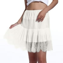 MIXUE Skirts For Women Summer Solid Color Floral Lace Elastic High Waist Ruffled Mini Tennis Skirt Activewear,White,S