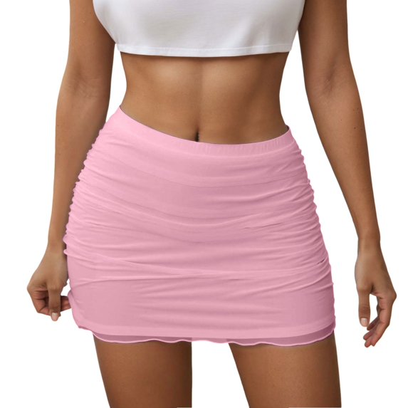 MIXUE Skirts For Women Summer Solid Color Flowy Layered Ruffle Mesh Party Club Night Casual Dressy Beachwear,Pink,L