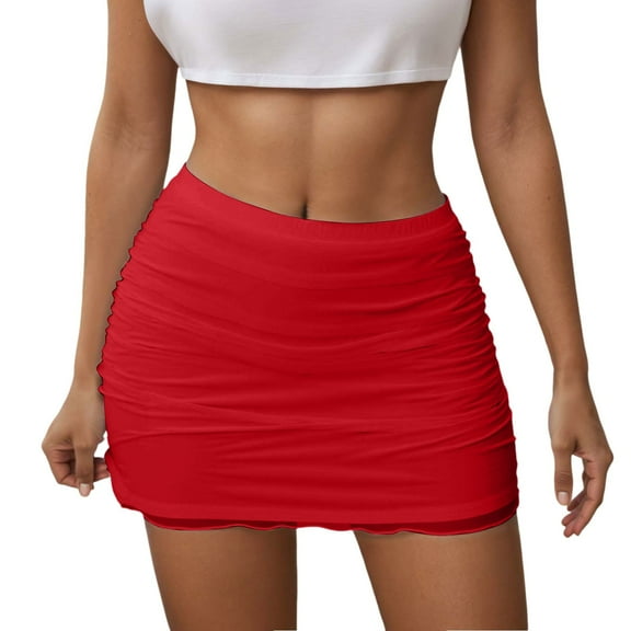 MIXUE Skirts For Women Summer Solid Color Flowy Layered Ruffle Mesh Party Club Night Casual Dressy Holiday-Wear,Red,XXL