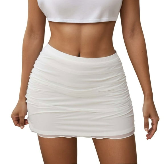 MIXUE Skirts For Women Summer Solid Color Flowy Layered Ruffle Mesh Party Club Night Casual Dressy Workwear,White,L