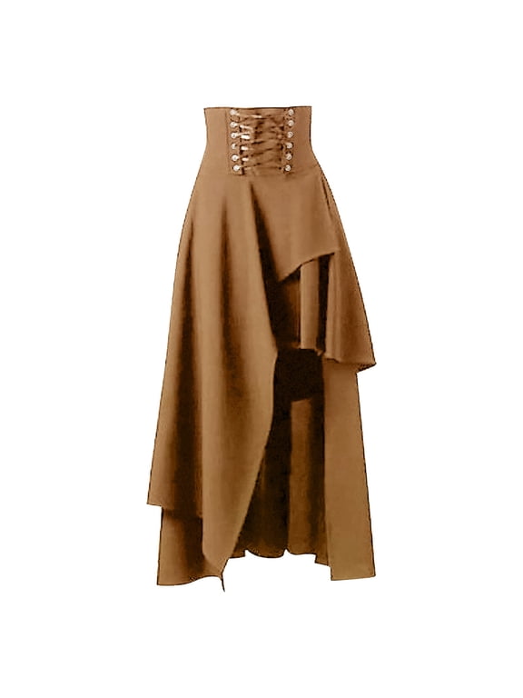 Skirts For Women Summer Solid Color Gothic Ruffled Elastic High Waist A Line Elegant Vintage Maxi Skirt Beachwear,Brown,S