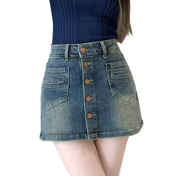 MIXUE Skirts For Women Summer Solid Color High Waist A Line Casual Bodycon Mini Denim Skirt Daily-Wear,Blue,S
