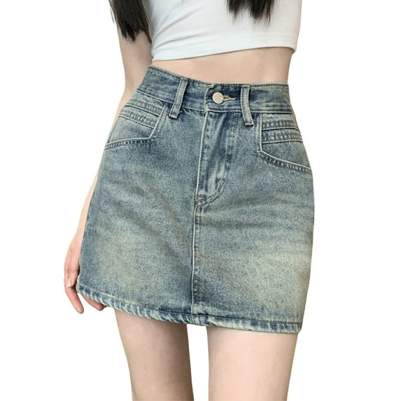 MIXUE Skirts For Women Summer Solid Color High Waist A Line Casual Bodycon Mini Denim Skirt Outwear,Blue,XS