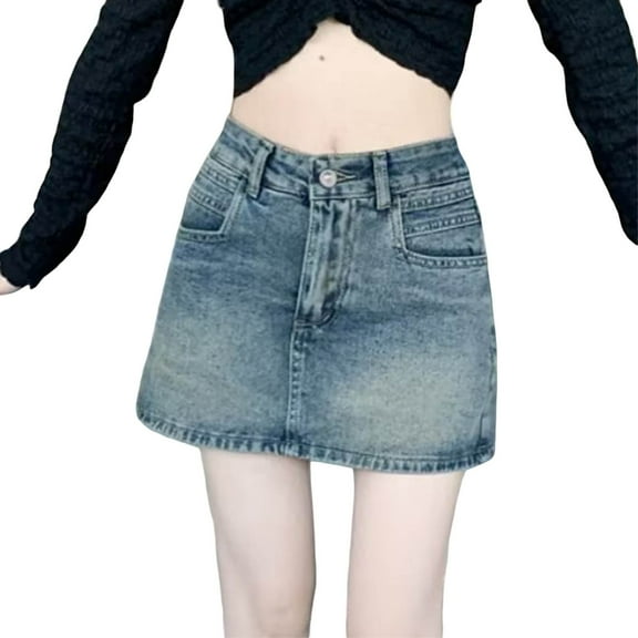 MIXUE Skirts For Women Summer Solid Color High Waist A Line Casual Mini Denim Skirt Holiday-Wear,Blue,XXXL