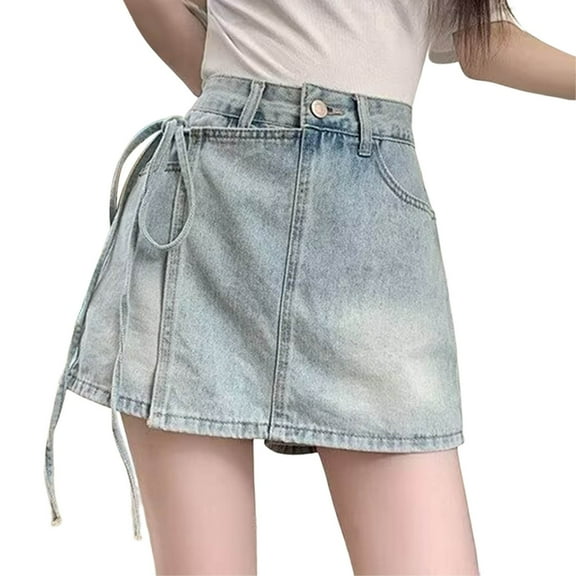 MIXUE Skirts For Women Summer Solid Color High Waist A Line Casual Mini Denim Skirt Streetwear,Blue,XL