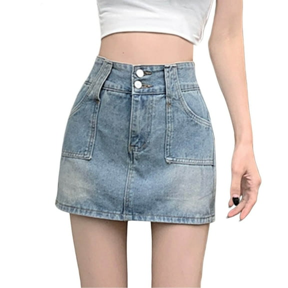 MIXUE Skirts For Women Summer Solid Color High Waist A Line Casual Mini Denim Skirt Workwear,Blue,S