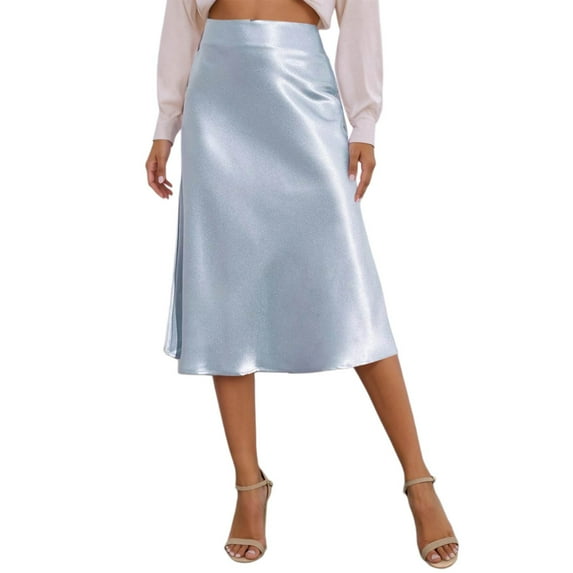 MIXUE Skirts For Women Summer Solid Color High Waist A Line Elegant Casual Midi Skirt Daily-Wear,Blue,L