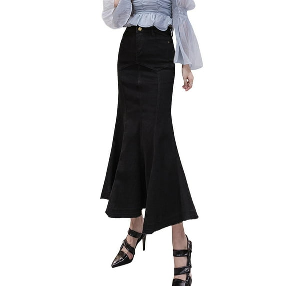 MIXUE Skirts For Women Summer Solid Color High Waist A Line Slim Fit Ruffle Bodycon Casual Midi Jean Denim Maxi Skirt Activewear,Black,S