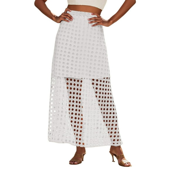 MIXUE Skirts For Women Summer Solid Color High Waist Hollow Out Trendy Casual Beach Maxi Skirt Holiday-Wear,White,S