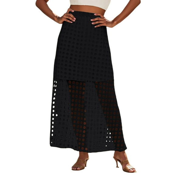 MIXUE Skirts For Women Summer Solid Color High Waist Hollow Out Trendy Casual Beach Maxi Skirt Workwear,Black,XS