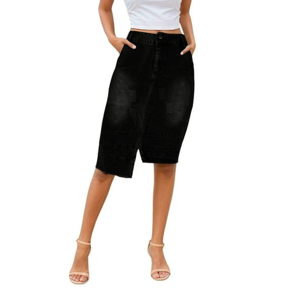 MIXUE Skirts For Women Summer Solid Color High Waist Knee Length Bodycon Casual Fashion Party Pencil Denim Skirt Workwear,Black,L