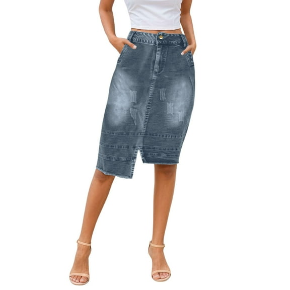 MIXUE Skirts For Women Summer Solid Color High Waist Knee Length Bodycon Casual Fashion Party Pencil Denim Skirt Workwear,Blue,XXXL
