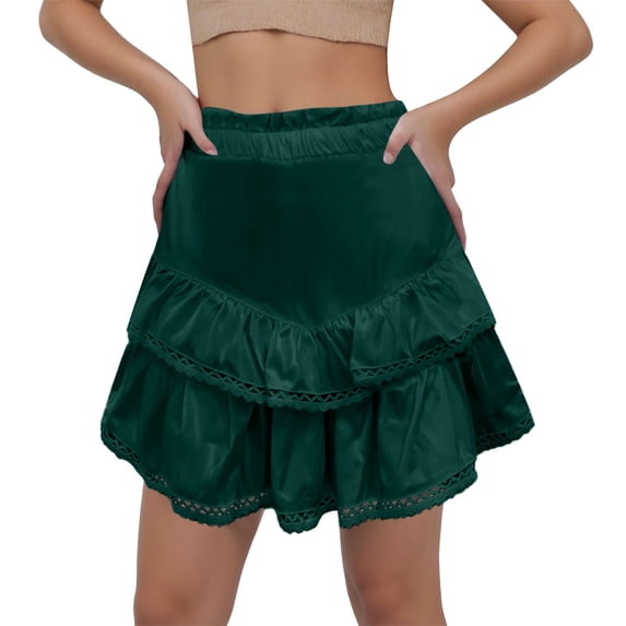 MIXUE Skirts For Women Summer Solid Color High Waist Ruffled Casual Boho Mini Tennis Skirt Outwear,Green,XXL
