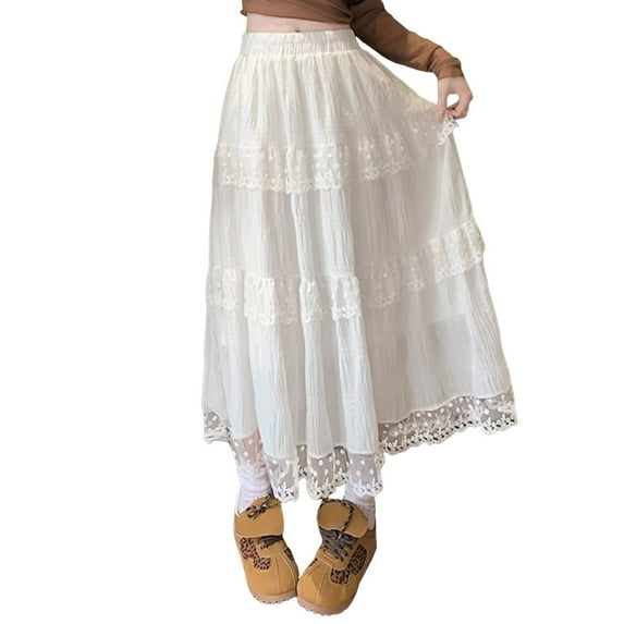MIXUE Skirts For Women Summer Solid Color Lace Elastic High Waist Loose Cake Maxi Skirt Daily-Wear,White,One Size