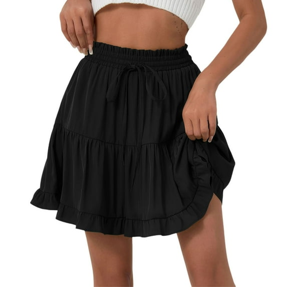 MIXUE Skirts For Women Summer Solid Color Lace Up Elastic High Waist Pleated Ruffle Mini Tennis Skirt Outwear,Black,XL