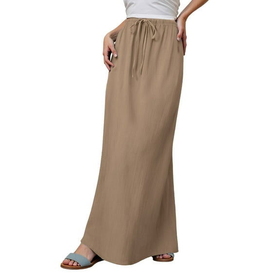 MIXUE Skirts For Women Summer Solid Color Linen Trendy Comfy Drawstring Waist A Line Cute Vacation Boho Long Flowy Maxi Skirt Streetwear,Brown,XXL