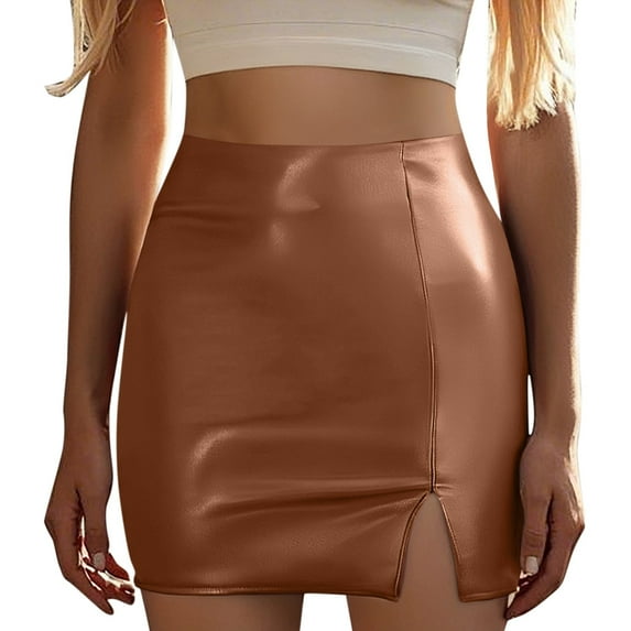 MIXUE Skirts For Women Summer Solid Color PU Leather Zipper Sexy Bodycon Skirt Sportwear,Brown,XXL