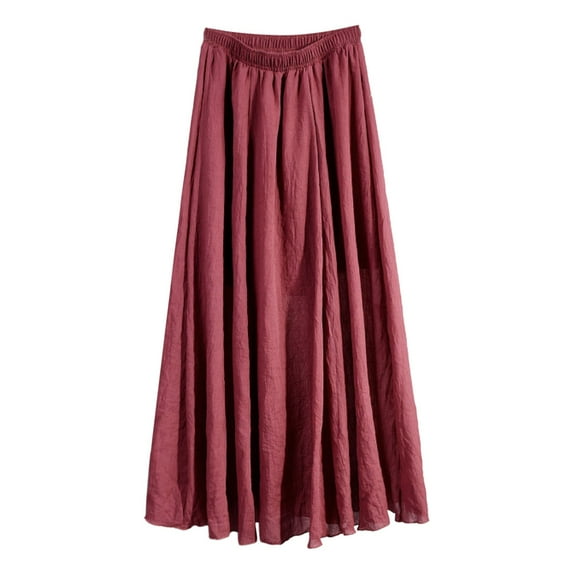 MIXUE Skirts For Women Summer Solid Color Pleated Elastic High Waist A Line Casual Maxi Skirt Holiday-Wear,Red,One Size
