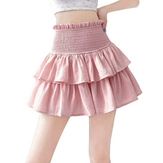 MIXUE Skirts For Women Summer Solid Color Pleated Elastic High Waist A Line Casual Mini Tennis Skirt Holiday-Wear,Pink,XL