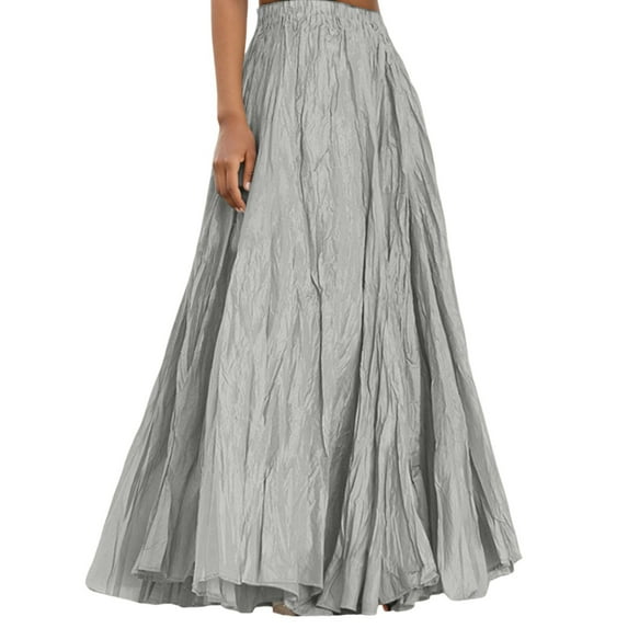 MIXUE Skirts For Women Summer Solid Color Pleated Elastic High Waist A Line Elegant Maxi Skirt Streetwear,Gray,S