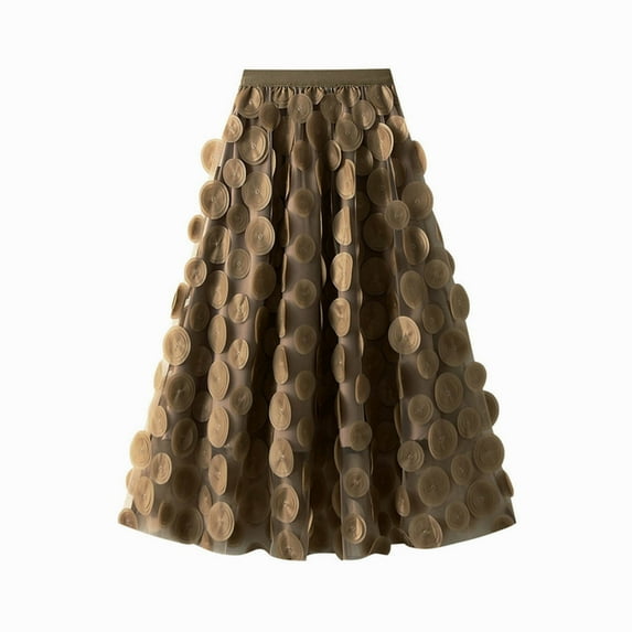 MIXUE Skirts For Women Summer Solid Color Polka Dots Embroidery Elastic High Waist Elegant Party Wedding A Line Maxi Skirt Daily-Wear,Brown,One Size